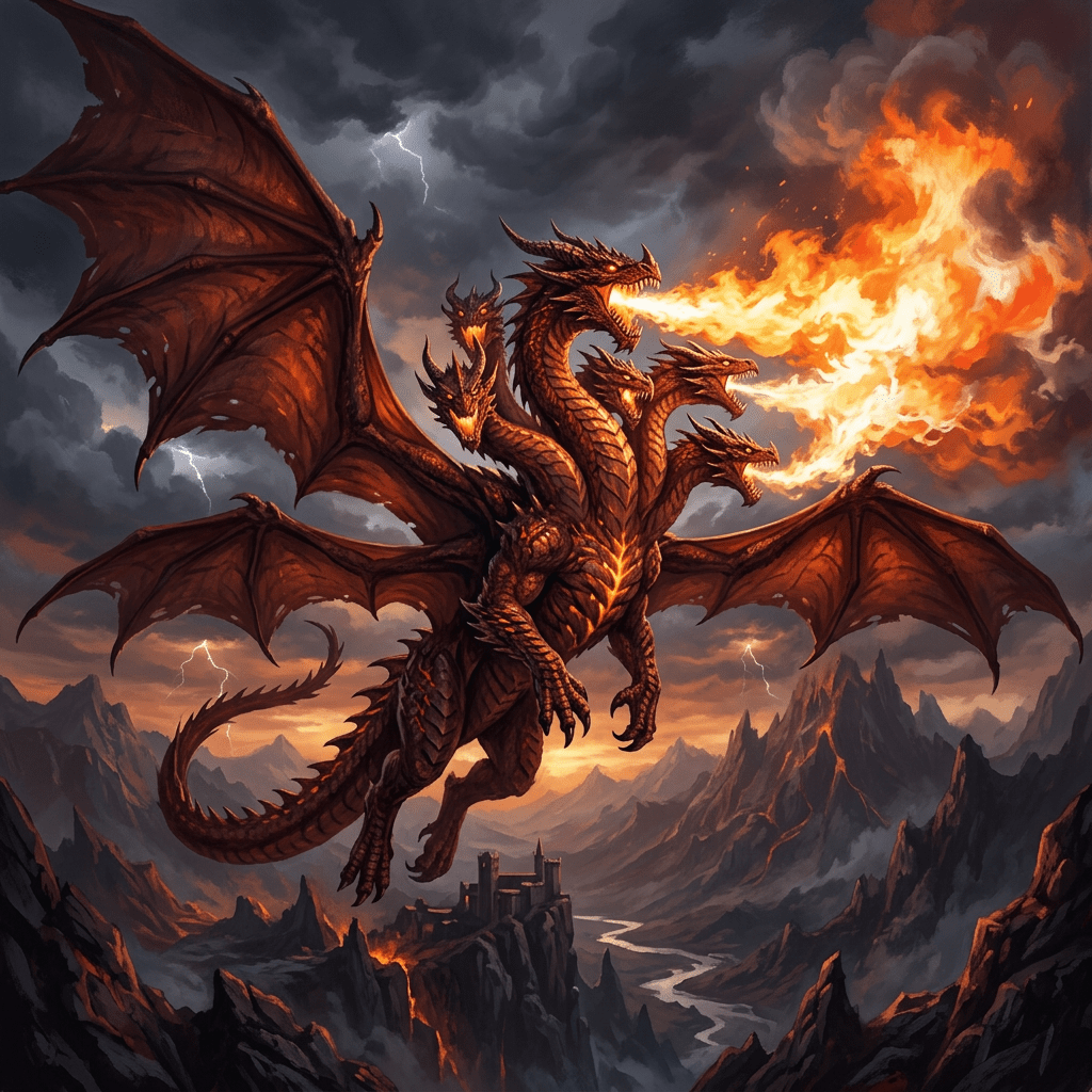 Huge red seven-headed dragon, six wings, breathing fire