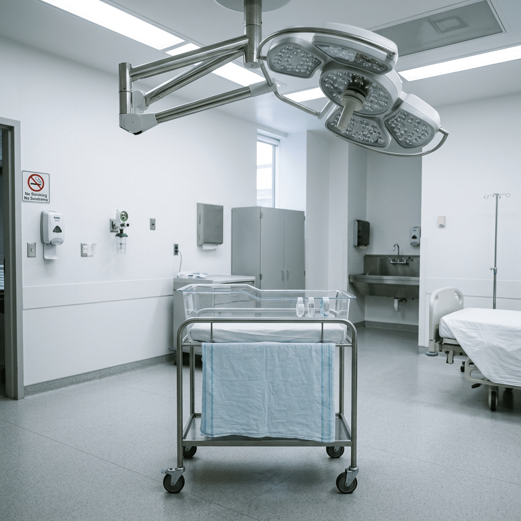Empty neonatal care room with baby bassinet, hospital bed, and medical equipment
