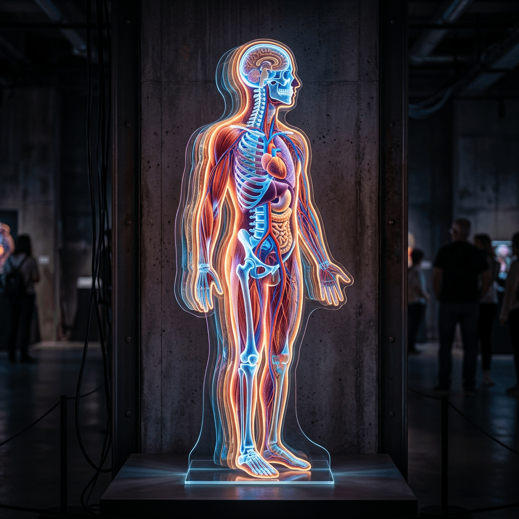 3D illuminated human anatomical model showing skeleton, muscles, and organs