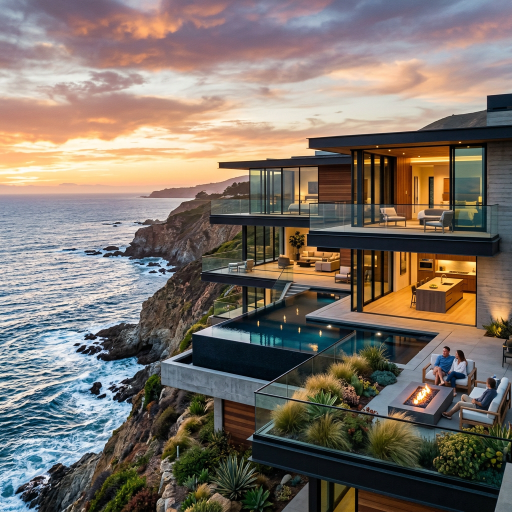 Modern cliffside house with glass balconies and an infinity pool at sunset
