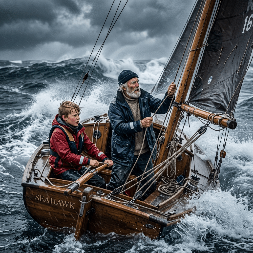 Two people sailing a small wooden boat named Seahawk on rough seas with large waves