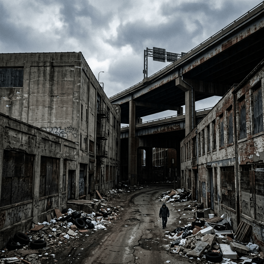 Person walking through a littered alley beneath highway overpasses between abandoned industrial buildings