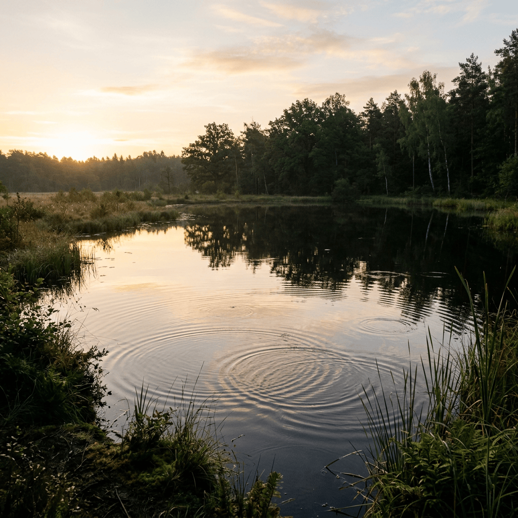 Sunset over a wooded pond with ripples and reflected trees